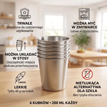 Kubki ze stali nierdzewnej 200 ml - 6 sztuk - Nietłukące, Małe, Lekkie