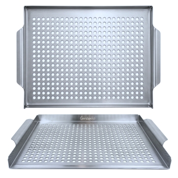 Taca na grilla ze stali nierdzewnej 39,5 x 29,2 cm - wielorazowa, perforowana, do warzyw, mięsa i owoców morza