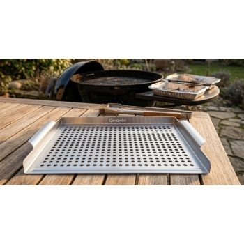 Taca na grilla ze stali nierdzewnej 39,5 x 29,2 cm - wielorazowa, perforowana, do warzyw, mięsa i owoców morza