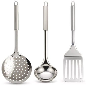 Zestaw przyborów kuchennych ze stali nierdzewnej - szumówka, chochla, łopatka